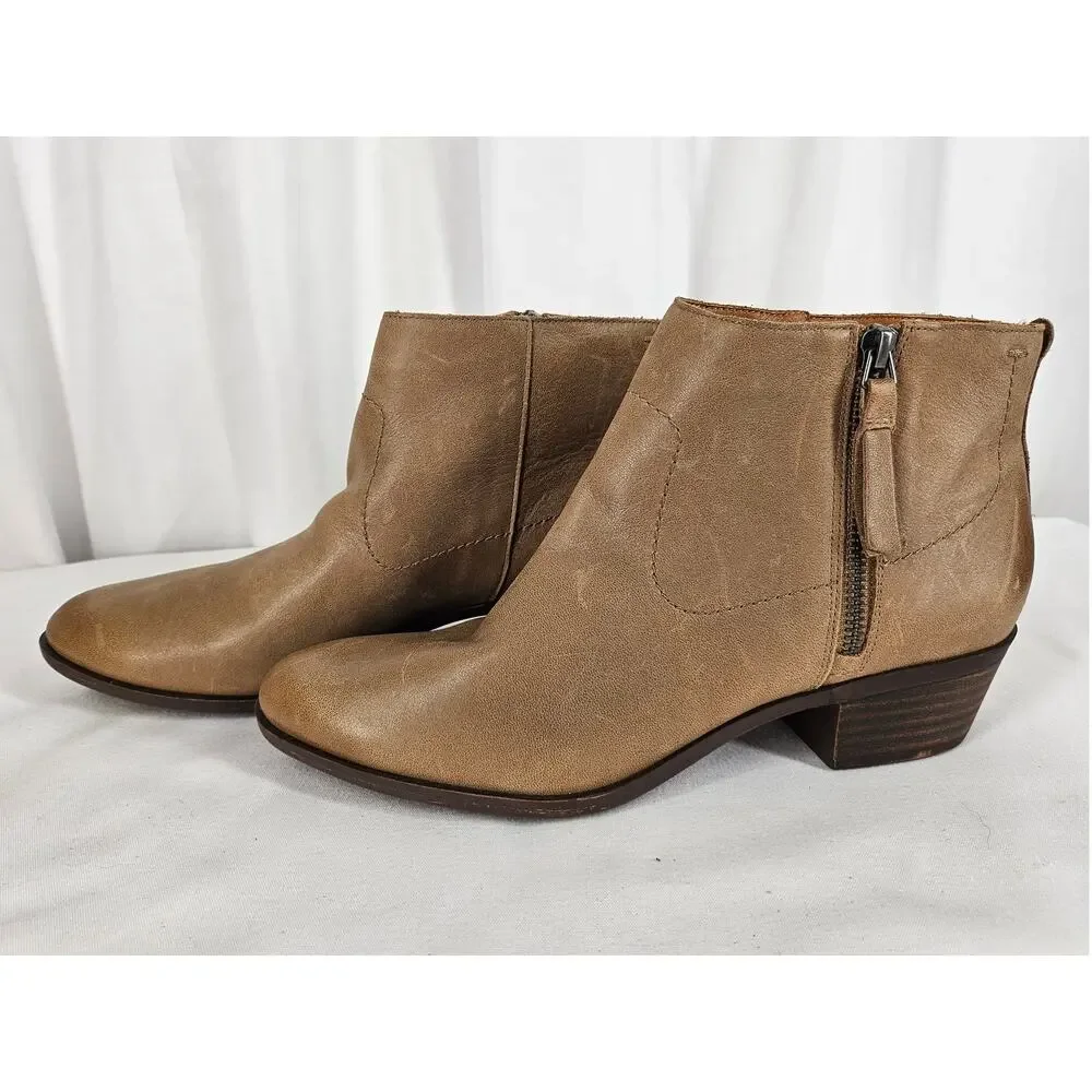 LUCKY BRAND BLANDRE TAN LEATHER BOOTIES – WOMEN’S SIZE 9M – SIDE ZIP – LOW HEEL